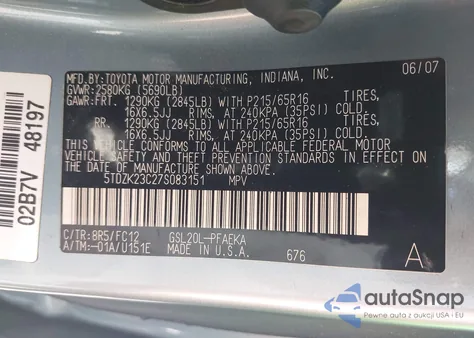 2007 Toyota Sienna Ce from USA, damaged, VIN 5TDZK23C27S083151
